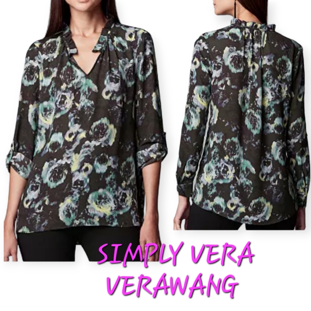 Simply Vera Vera Wang Print Pintuck Roll-Tab Top/Blouse